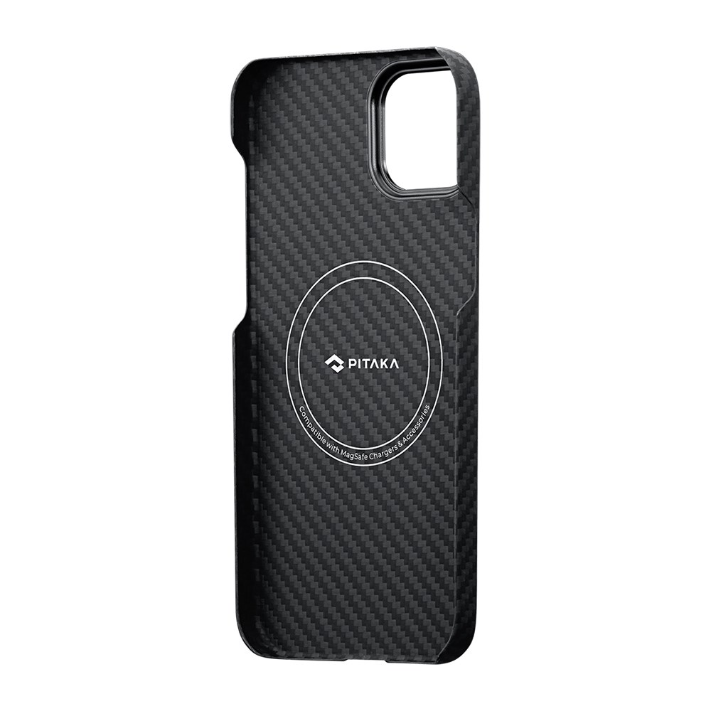 Apple iPhone 14 Kılıf M-safe Şarj Özellikli 1500D Aramid Fiber Pitaka Ultra-Slim Classic Serisi Black-Grey Twill Kapak