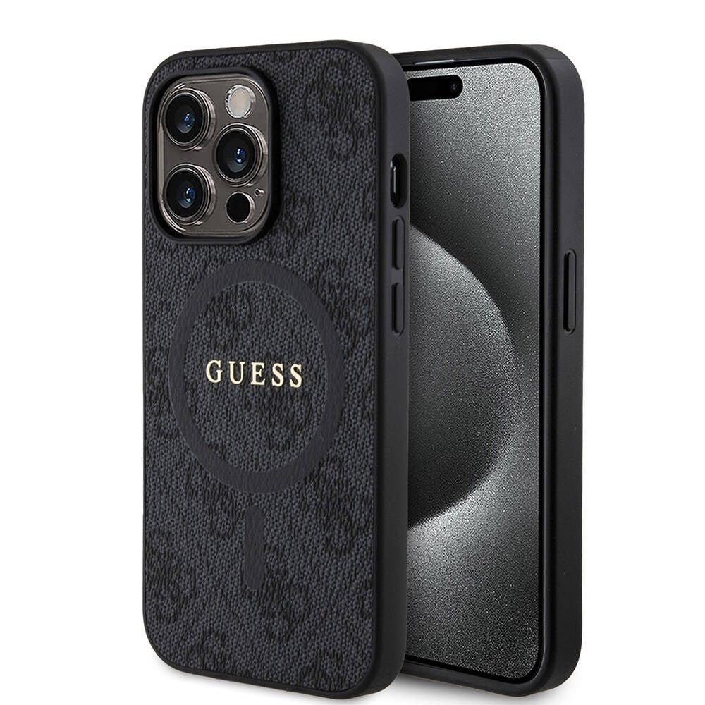 Apple iPhone 14 Pro Kılıf Guess Orjinal Lisanslı M-safe Şarj Özellikli PU Halkalı 4G Desenli Yazı Logolu Kapak