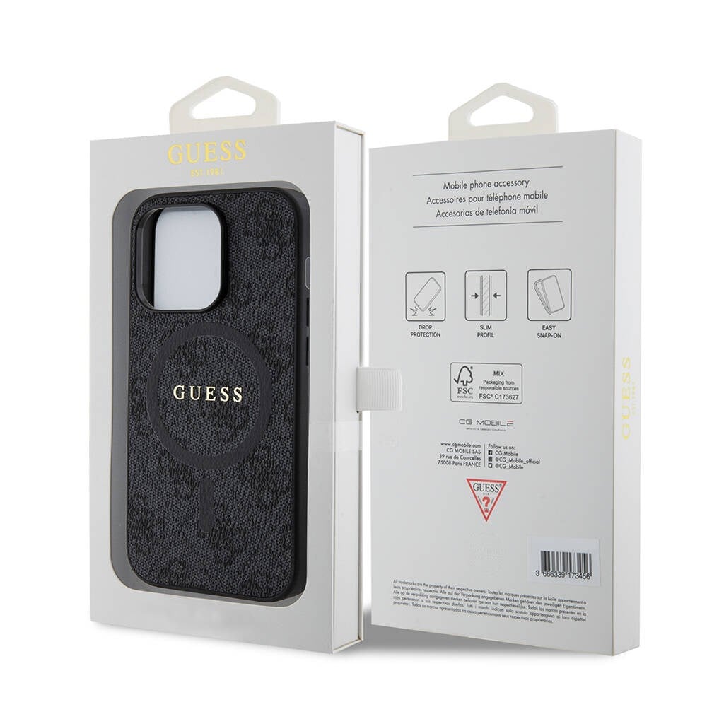Apple iPhone 14 Pro Kılıf Guess Orjinal Lisanslı M-safe Şarj Özellikli PU Halkalı 4G Desenli Yazı Logolu Kapak