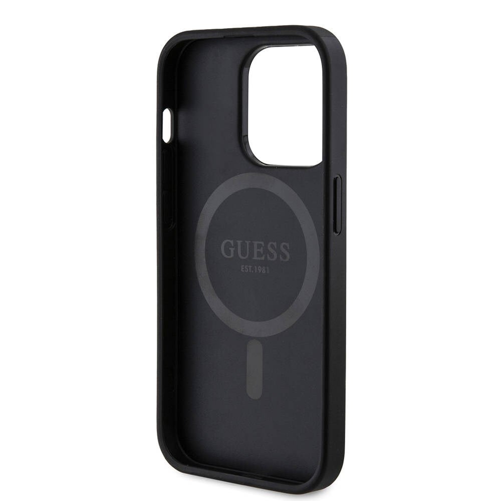 Apple iPhone 14 Pro Kılıf Guess Orjinal Lisanslı M-safe Şarj Özellikli PU Halkalı 4G Desenli Yazı Logolu Kapak