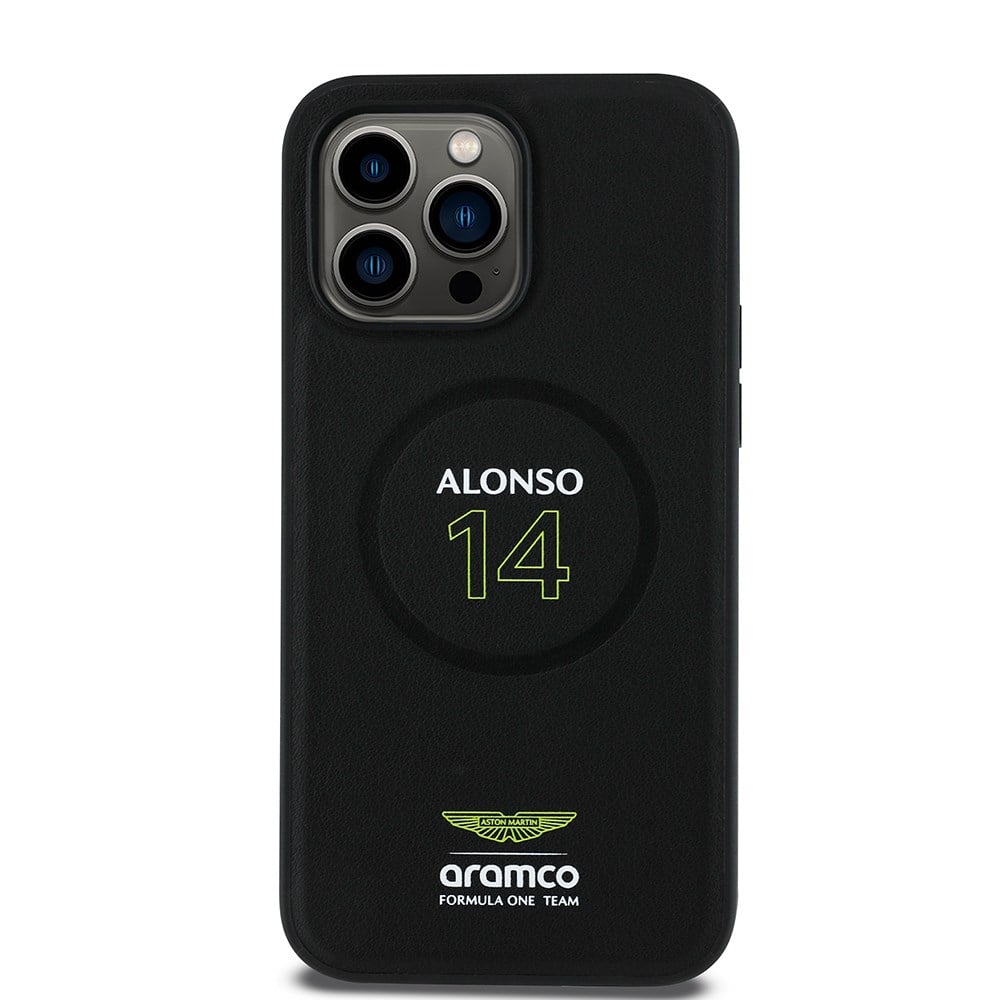 Apple iPhone 14 Pro Max Kılıf Aston Martin Orjinal Lisanslı M-safe Şarj Özellikli PU Deri Alonso 14 Baskılı Kapak