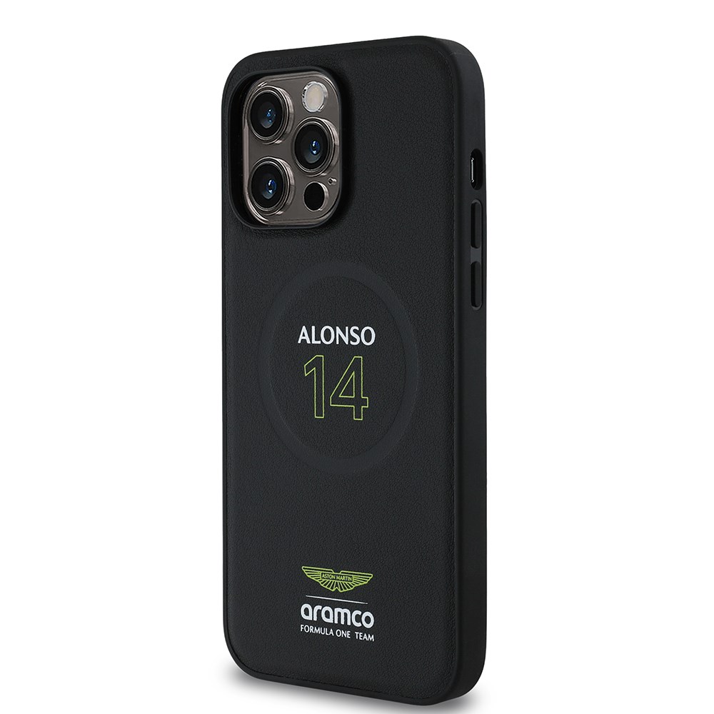 Apple iPhone 14 Pro Max Kılıf Aston Martin Orjinal Lisanslı M-safe Şarj Özellikli PU Deri Alonso 14 Baskılı Kapak