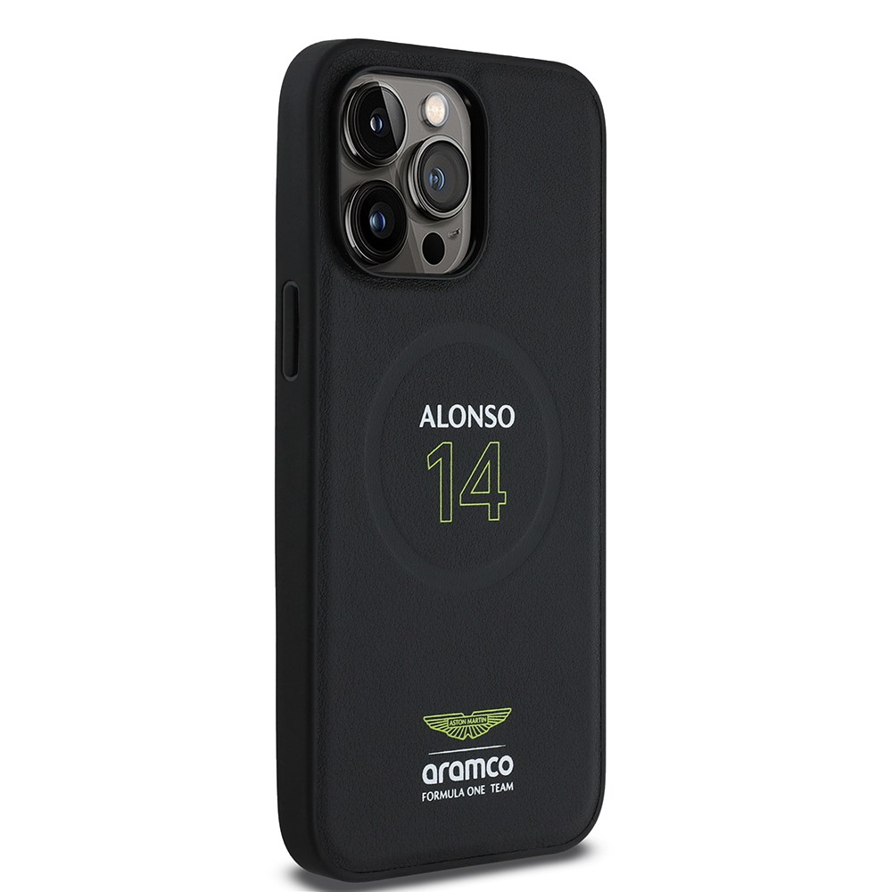Apple iPhone 14 Pro Max Kılıf Aston Martin Orjinal Lisanslı M-safe Şarj Özellikli PU Deri Alonso 14 Baskılı Kapak