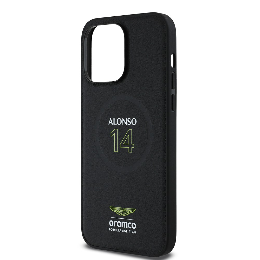 Apple iPhone 14 Pro Max Kılıf Aston Martin Orjinal Lisanslı M-safe Şarj Özellikli PU Deri Alonso 14 Baskılı Kapak