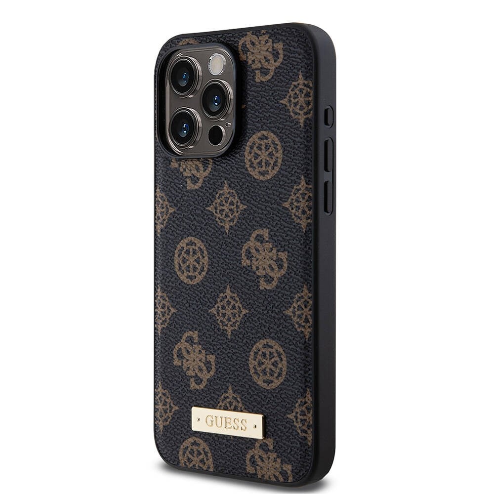 Apple iPhone 14 Pro Max Kılıf Guess M-safe Şarj Özellikli PU Deri Desenli Metal Plaka Logolu Kapak