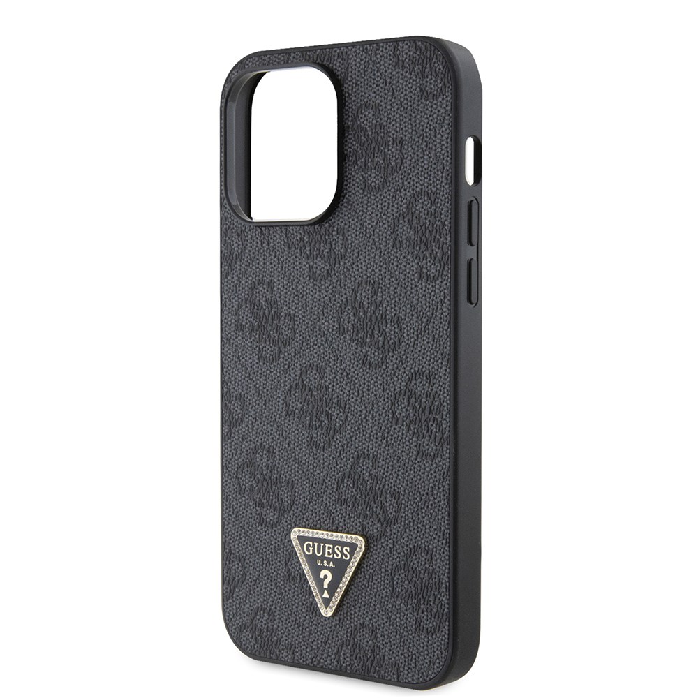 Apple iPhone 14 Pro Max Kılıf Guess Orjinal Lisanslı PU Deri Taşlı Metal Üçgen Logolu Çapraz Vücut Askılı 4G Desenli Kapak