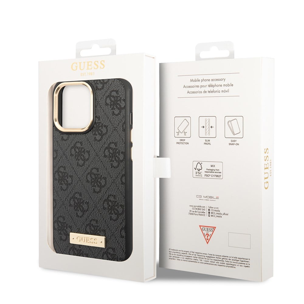 Apple iPhone 14 Pro Max Kılıf Guess Orjinal Lisanslı M-safe Şarj Özellikli 4G Desenli PU Metal Plaka Klasik Logolu Kapak