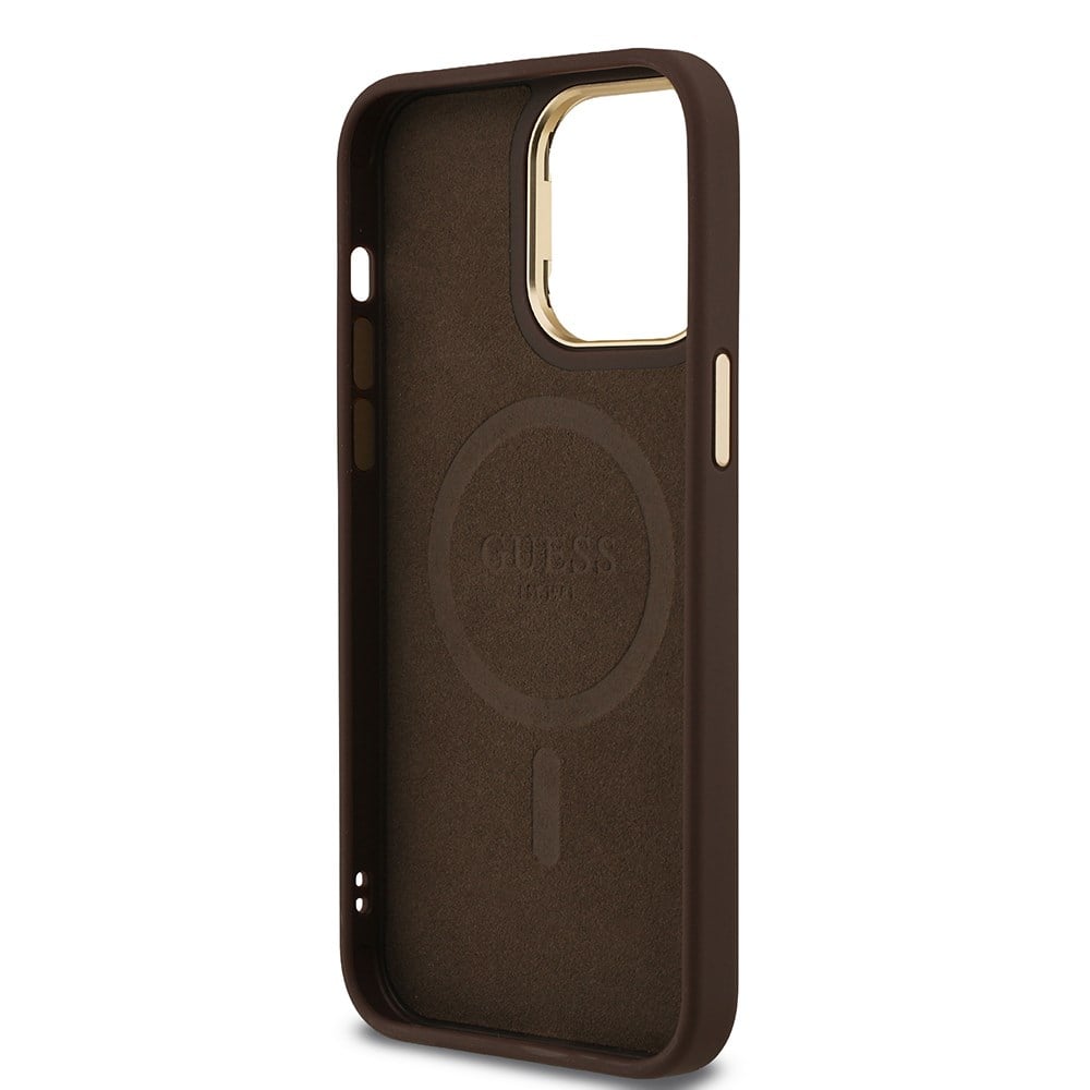Apple iPhone 14 Pro Max Kılıf Guess Orjinal Lisanslı PU Deri Taşlı Üçgen Logo 4G Desenli Kamera Standlı Kapak