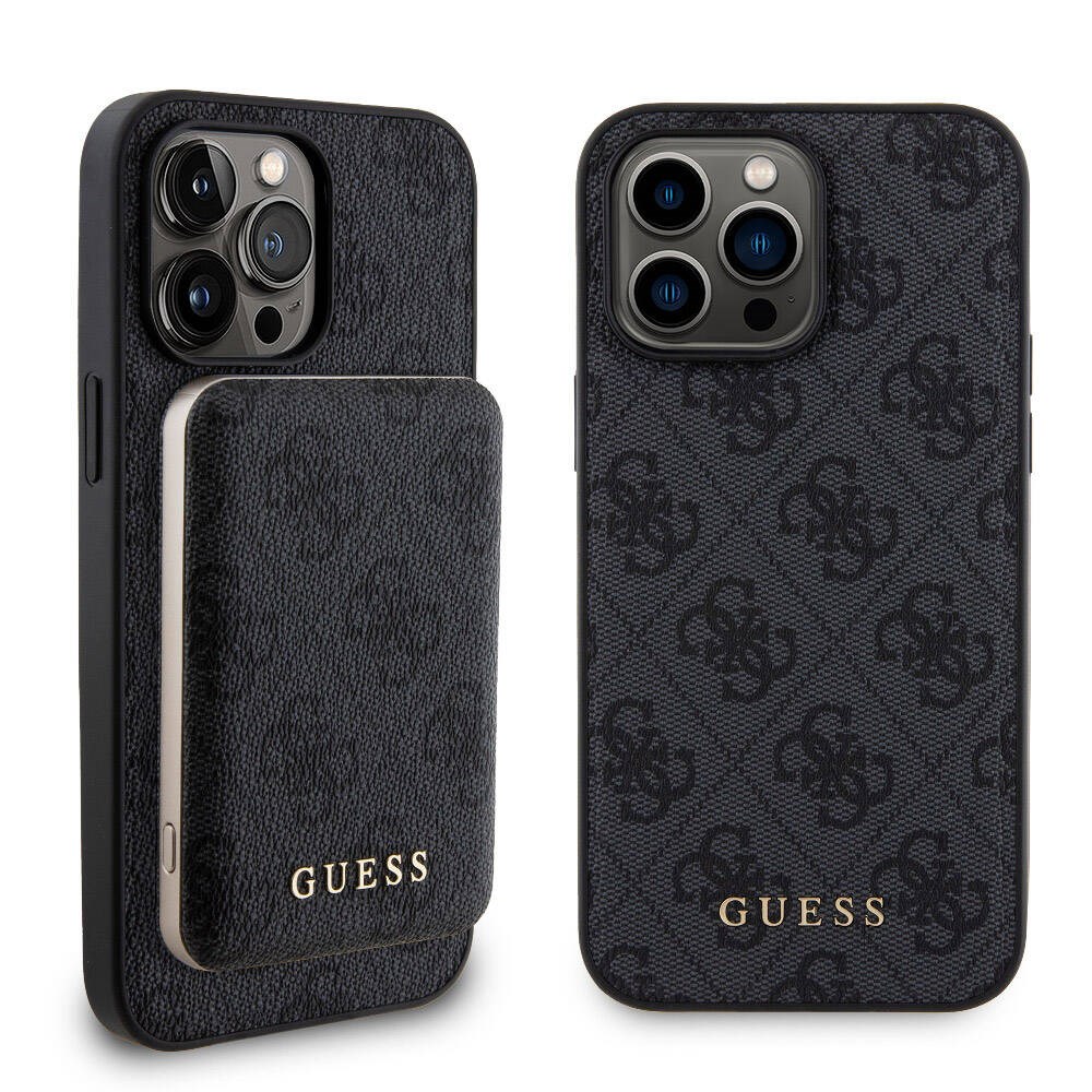 Apple iPhone 14 Pro Max Kılıf Guess Orjinal Lisanslı M-safe Şarj Özellikli Yazı Logolu 4G Desenli Kapak + Powerbank 5000mAh 2in1 Set
