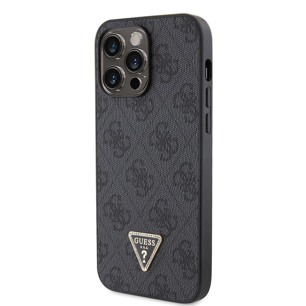 Apple iPhone 14 Pro Max Kılıf Guess Orjinal Lisanslı PU Deri Taşlı Metal Üçgen Logolu Çapraz Vücut Askılı 4G Desenli Kapak