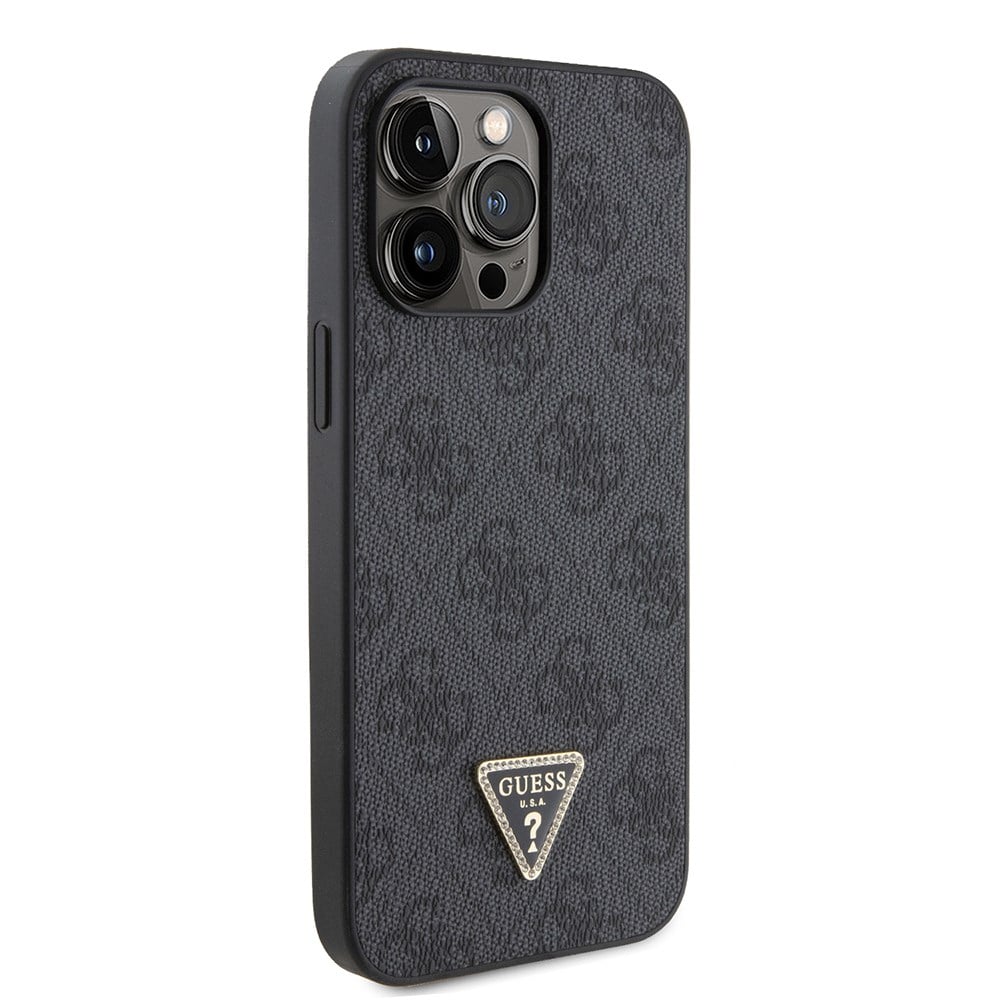 Apple iPhone 14 Pro Max Kılıf Guess Orjinal Lisanslı PU Deri Taşlı Metal Üçgen Logolu Çapraz Vücut Askılı 4G Desenli Kapak