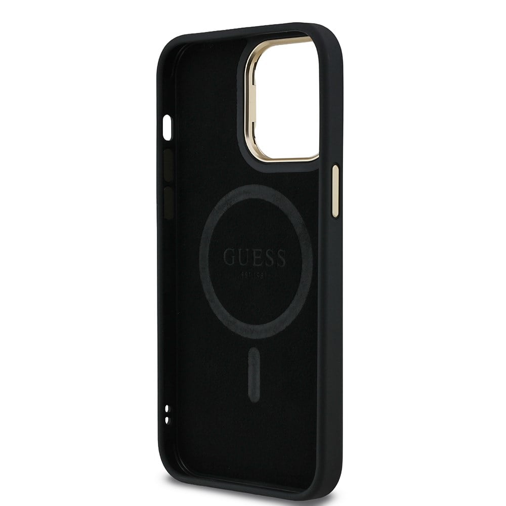 Apple iPhone 14 Pro Max Kılıf Guess Orjinal Lisanslı PU Deri Taşlı Üçgen Logo 4G Desenli Kamera Standlı Kapak