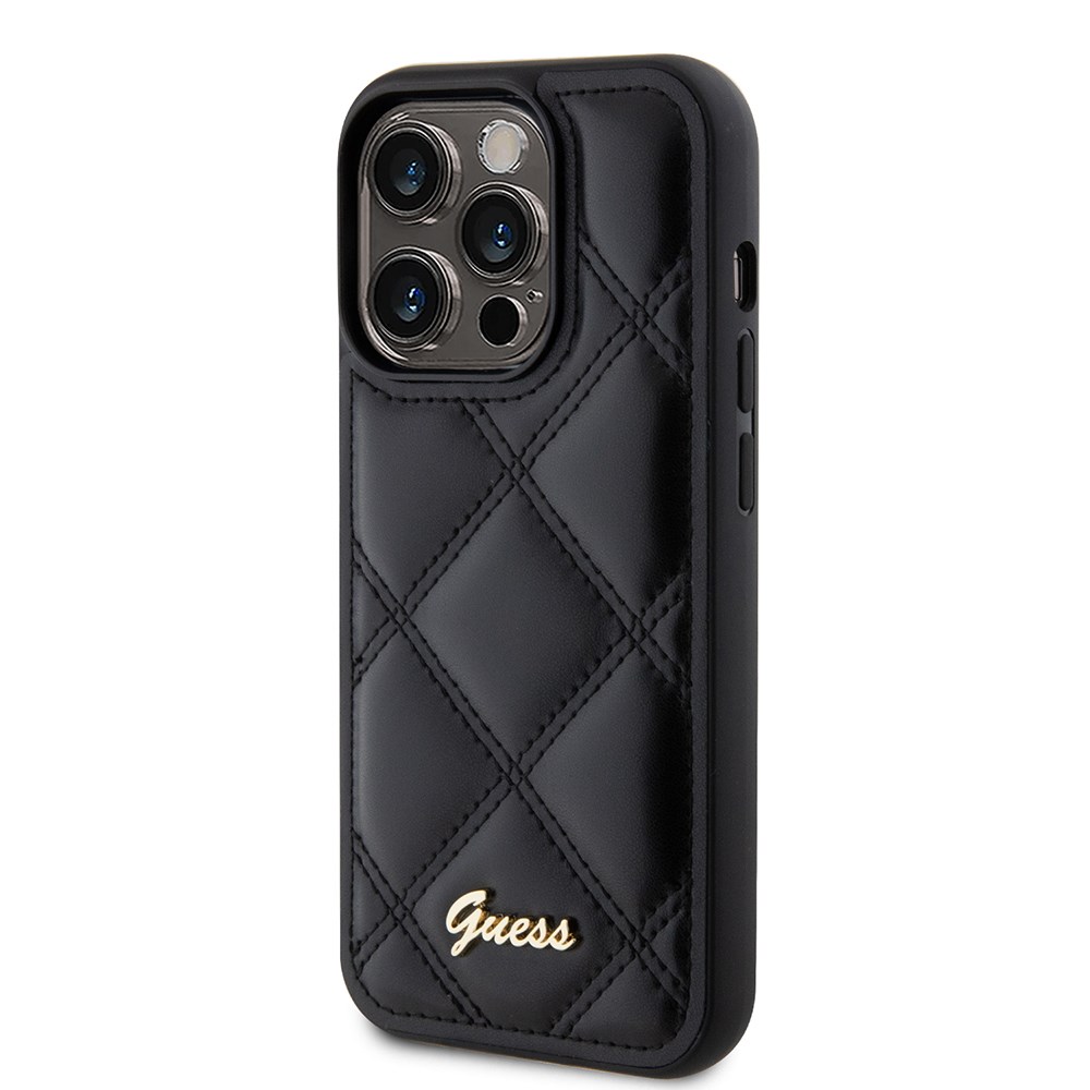 Apple iPhone 14 Pro Max Kılıf Guess Orjinal Lisanslı PU Deri Metal Yazı Logolu Kapitone Kapak