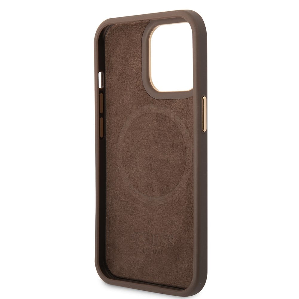 Apple iPhone 14 Pro Max Kılıf Guess Orjinal Lisanslı M-safe Şarj Özellikli 4G Desenli PU Metal Plaka Klasik Logolu Kapak