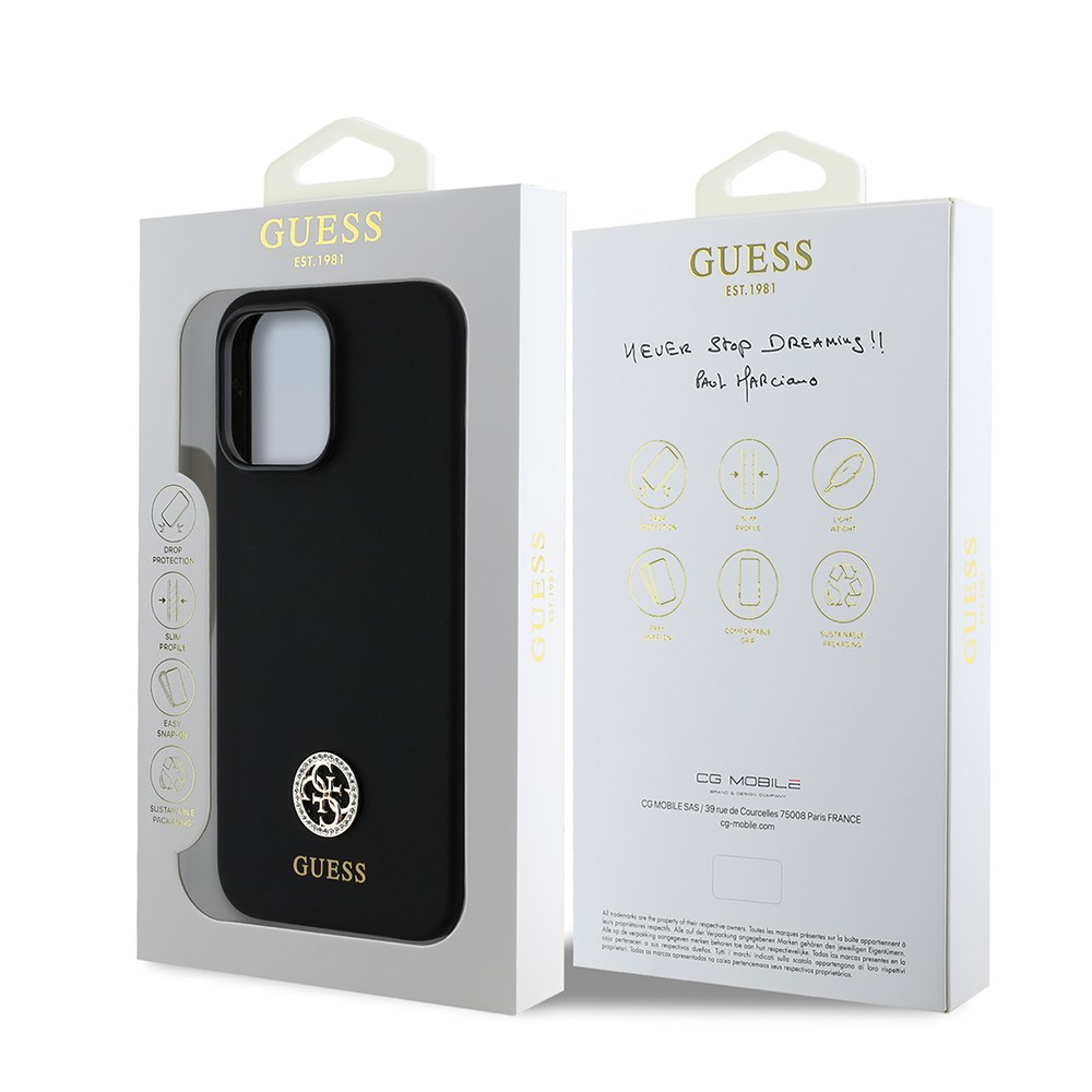 Apple iPhone 14 Pro Max Kılıf Guess Orjinal Lisanslı Yazı ve Taşlı 4G Logolu Silikon Kapak