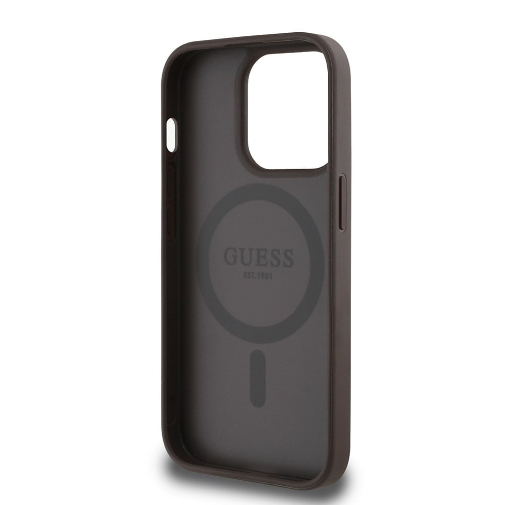 Apple iPhone 14 Pro Max Kılıf Guess Orjinal Lisanslı M-safe Şarj Özellikli Sıcak Baskılı Üçgen Logolu PU Deri Peony Kapak