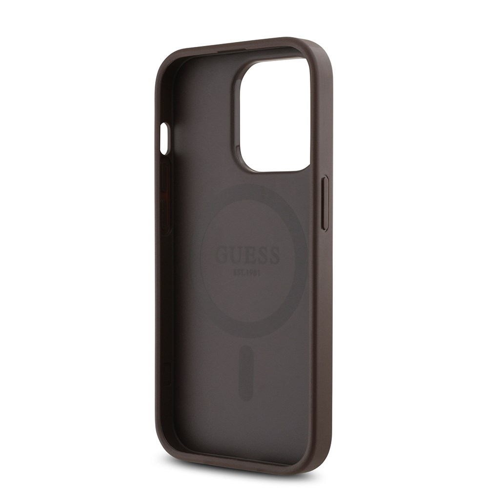 Apple iPhone 14 Pro Max Kılıf Guess Orjinal Lisanslı M-safe Şarj Özellikli PU Üçgen Logo 4G Desenli Kapak