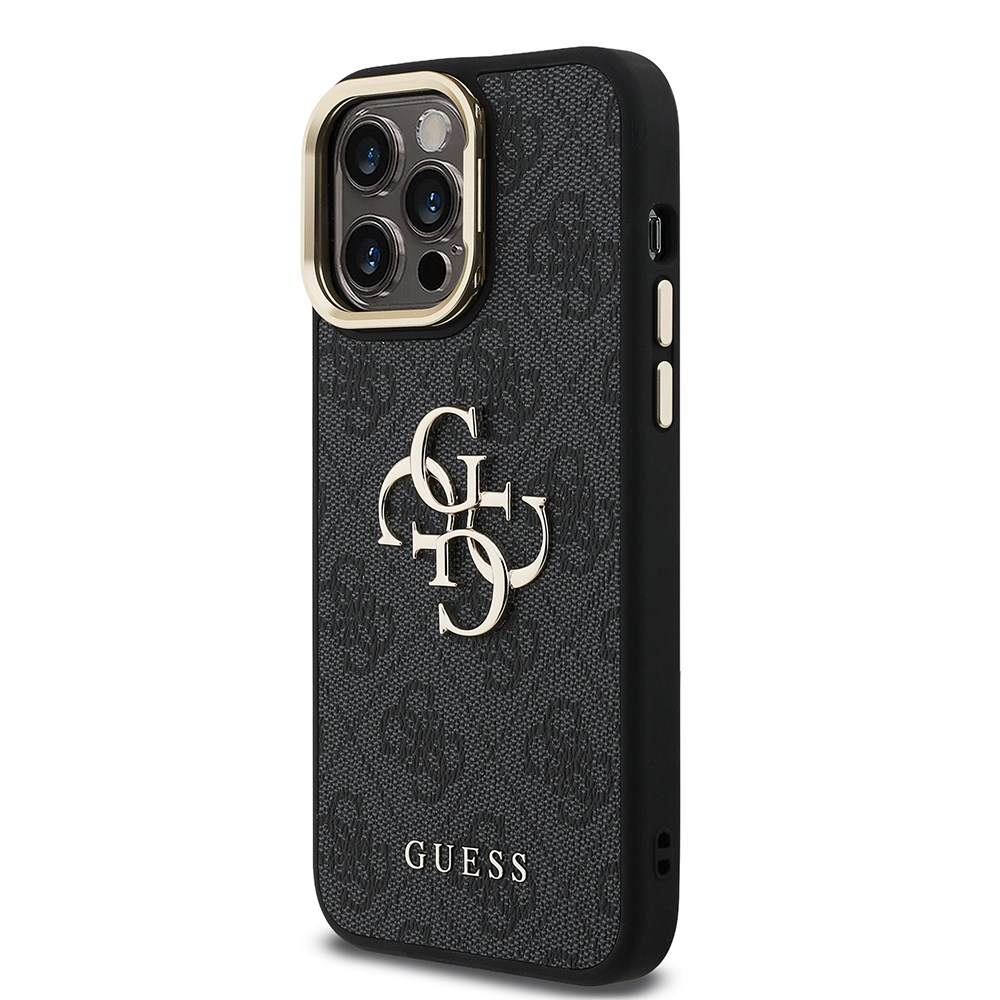Apple iPhone 14 Pro Max Kılıf Guess Orjinal Lisanslı PU Deri 4G Desenli Metal Büyük 4G ve Yazı Logolu Kamera Standlı Kapak