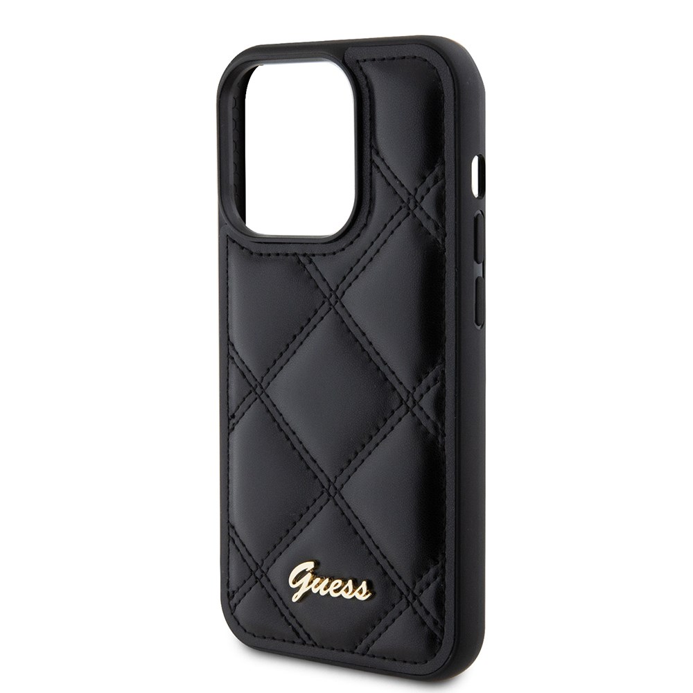 Apple iPhone 14 Pro Max Kılıf Guess Orjinal Lisanslı PU Deri Metal Yazı Logolu Kapitone Kapak