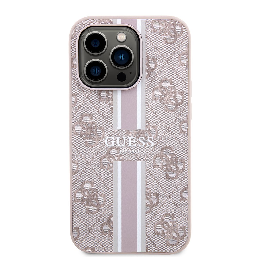 Apple iPhone 14 Pro Max Kılıf Guess Orjinal Lisanslı M-safe Şarj Özellikli 4G Şerit Tasarımlı Printed Kapak