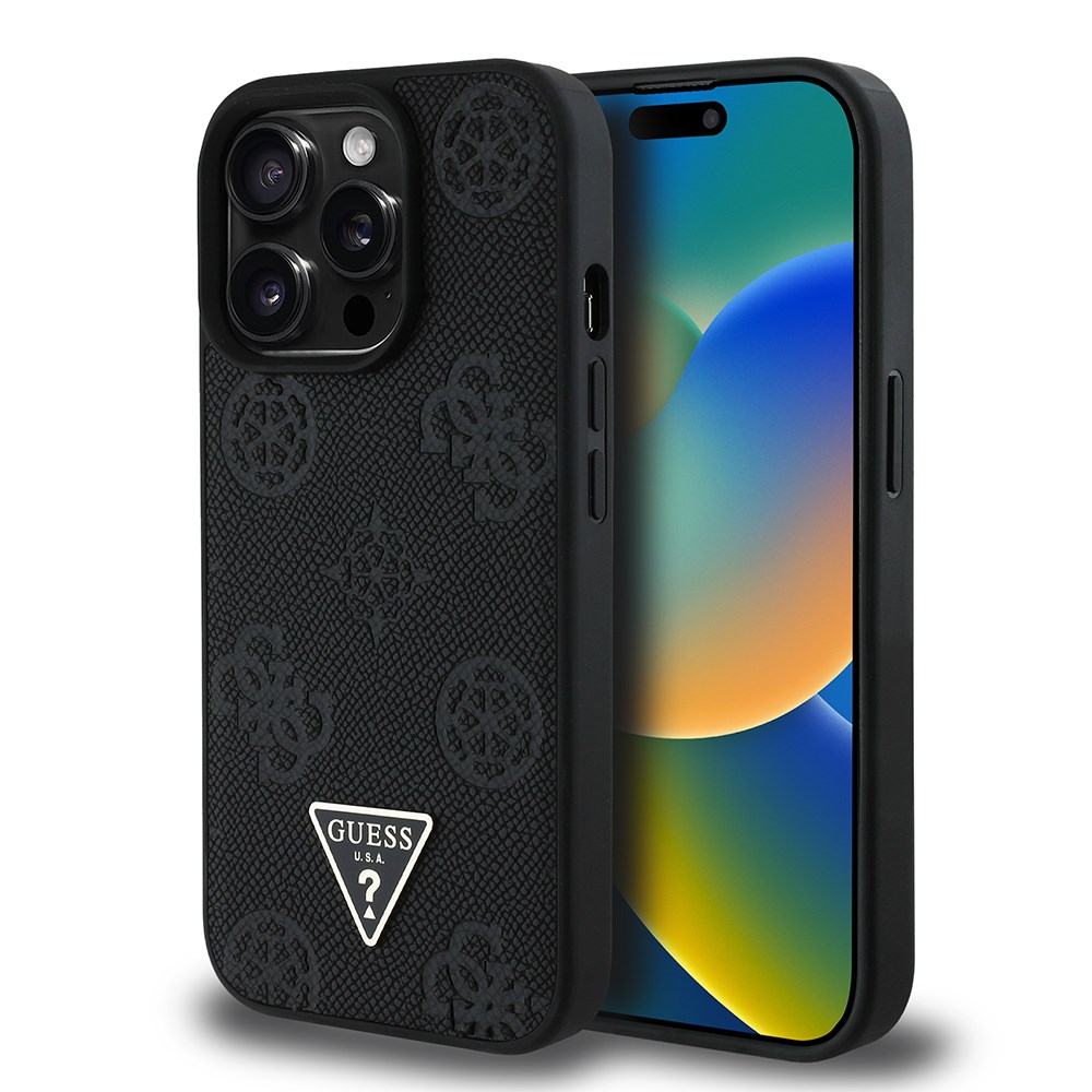 Apple iPhone 14 Pro Max Kılıf Guess Orjinal Lisanslı M-safe Şarj Özellikli Sıcak Baskılı Üçgen Logolu PU Deri Peony Kapak