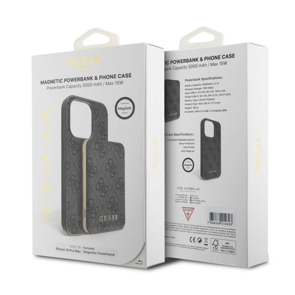 Apple iPhone 14 Pro Max Kılıf Guess Orjinal Lisanslı M-safe Şarj Özellikli Yazı Logolu 4G Desenli Kapak + Powerbank 5000mAh 2in1 Set