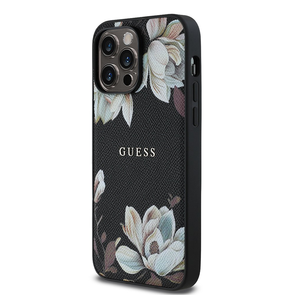 Apple iPhone 14 Pro Max Kılıf Guess Orjinal Lisanslı M-safe Şarj Özellikli Taneli Çiçek Tasarımlı Metal Yazı Logolu Kapak