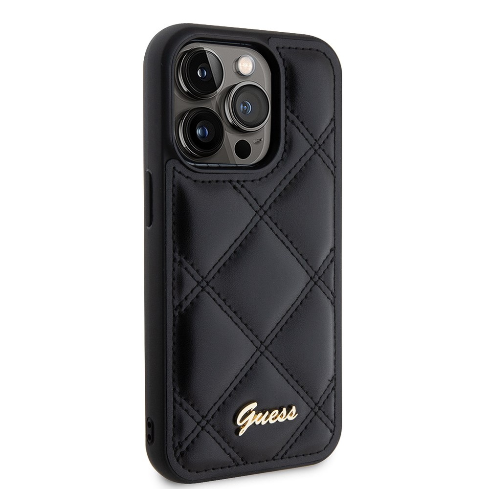 Apple iPhone 14 Pro Max Kılıf Guess Orjinal Lisanslı PU Deri Metal Yazı Logolu Kapitone Kapak