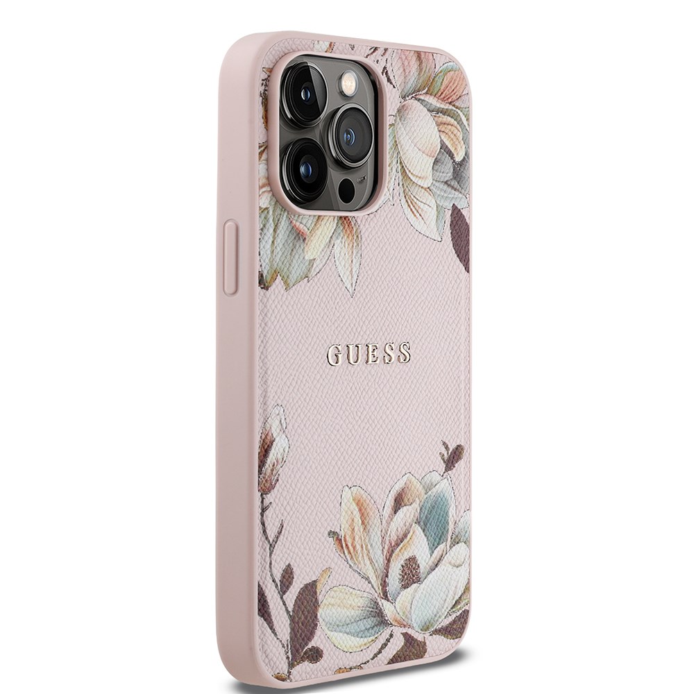 Apple iPhone 14 Pro Max Kılıf Guess Orjinal Lisanslı M-safe Şarj Özellikli Taneli Çiçek Tasarımlı Metal Yazı Logolu Kapak