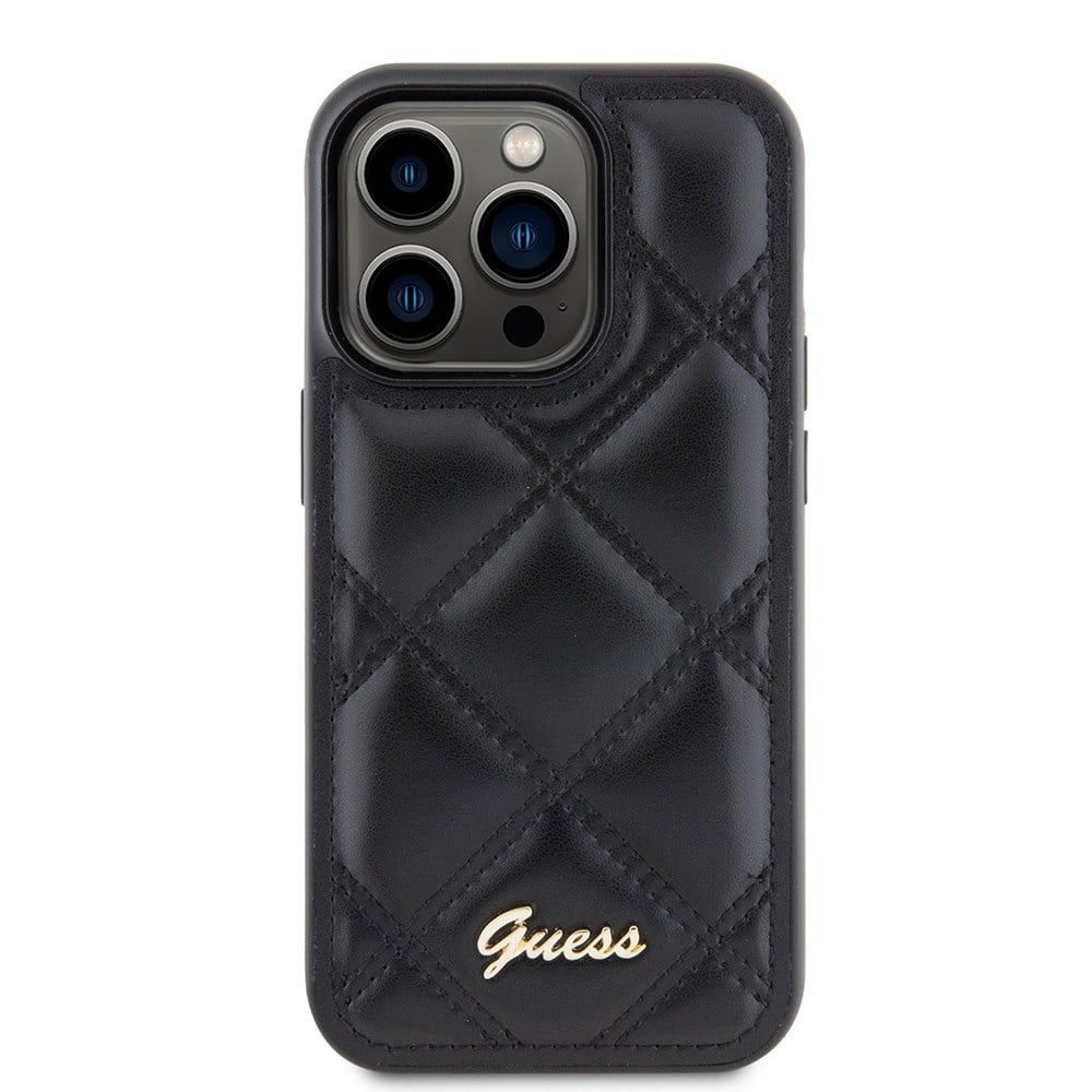 Apple iPhone 14 Pro Max Kılıf Guess Orjinal Lisanslı PU Deri Metal Yazı Logolu Kapitone Kapak