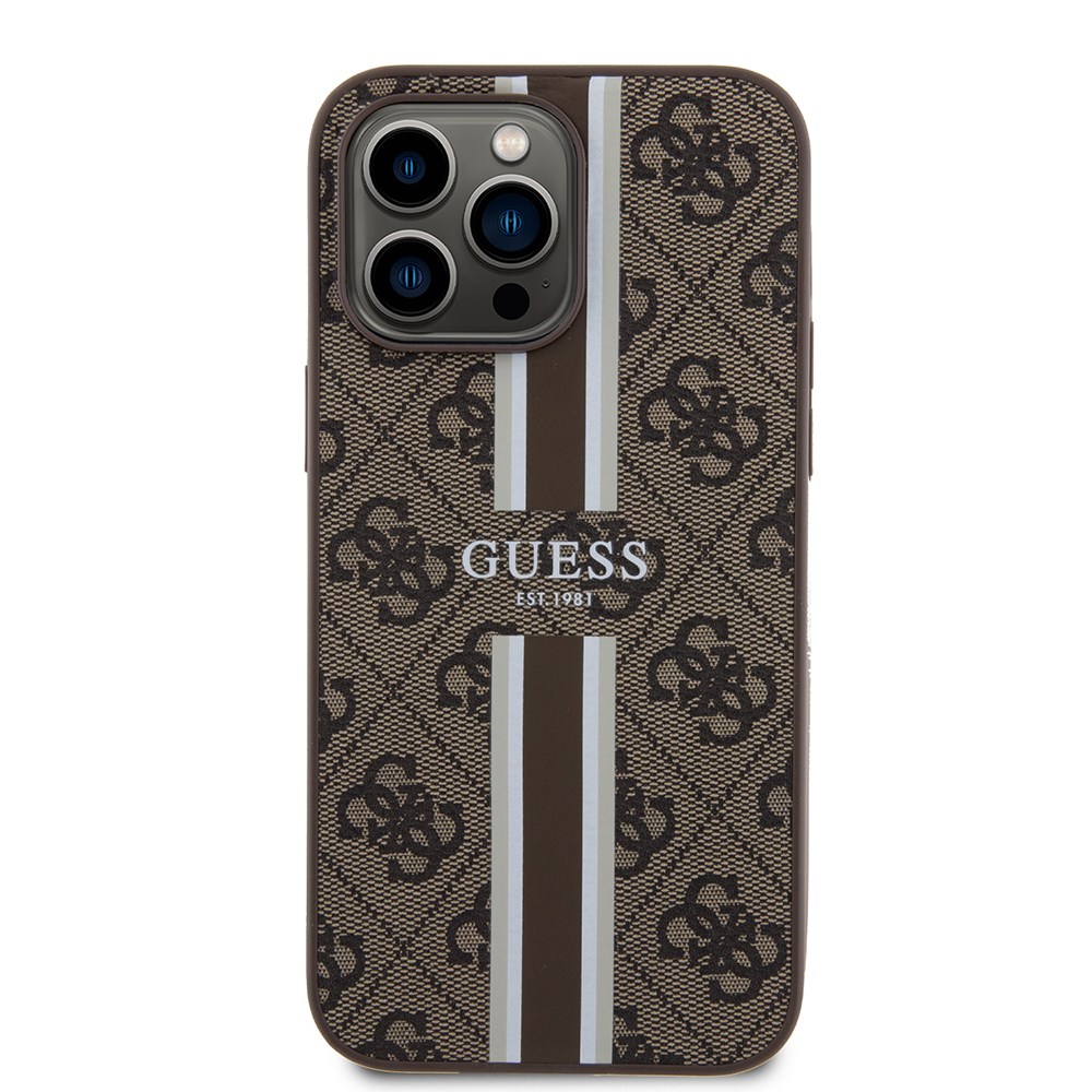 Apple iPhone 14 Pro Max Kılıf Guess Orjinal Lisanslı M-safe Şarj Özellikli 4G Şerit Tasarımlı Printed Kapak
