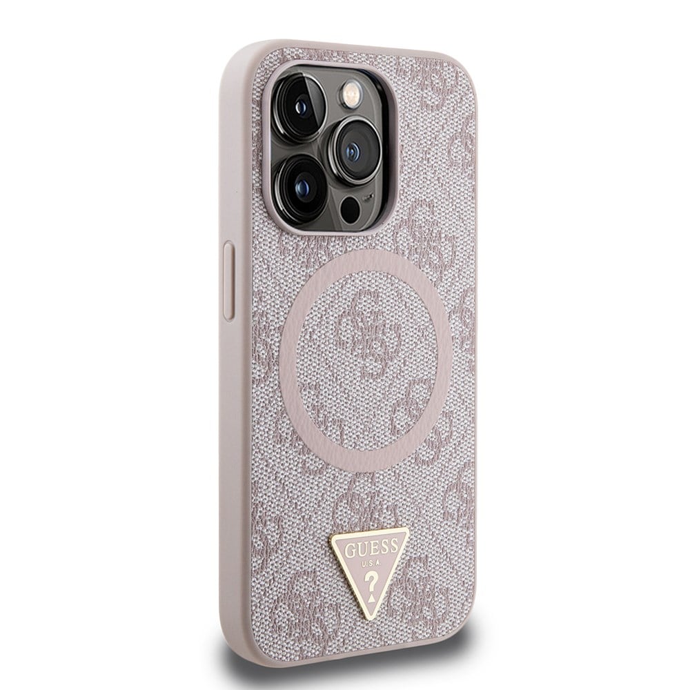 Apple iPhone 14 Pro Max Kılıf Guess Orjinal Lisanslı M-safe Şarj Özellikli PU Üçgen Logo 4G Desenli Kapak