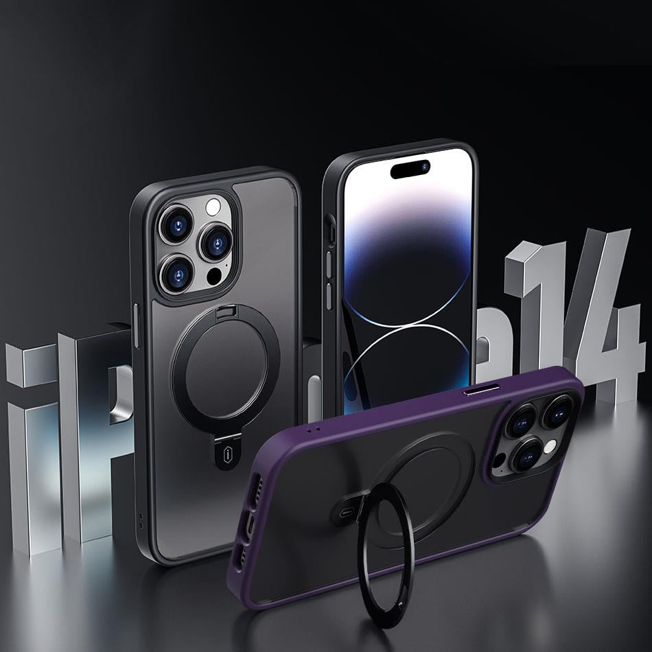 Apple iPhone 14 Pro Max Kılıf Wiwu ZMM-010 M-safe Şarj Özellikli Parmak İzi Bırakmayan Mat Transparan Standlı Kapak