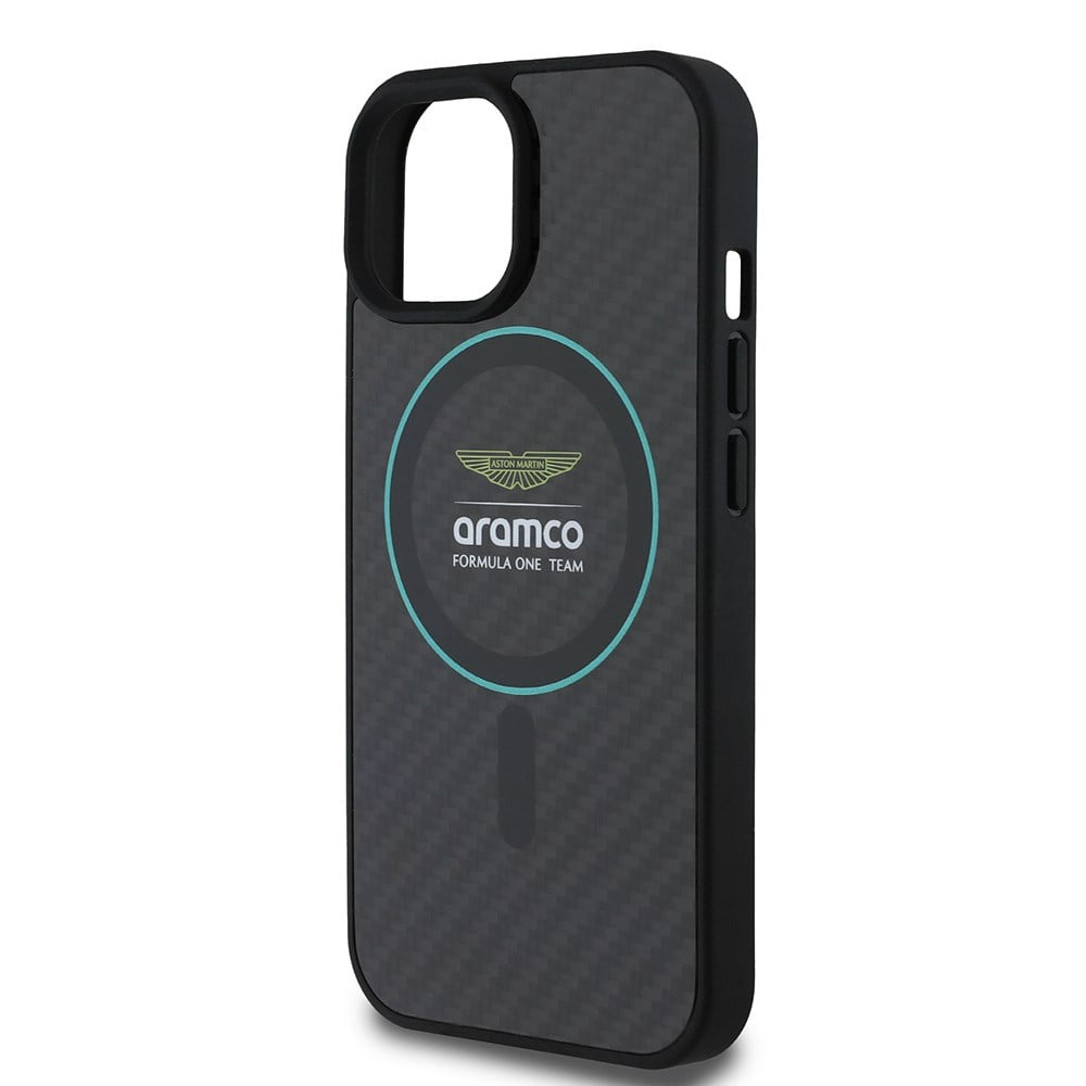 Apple iPhone 15 Kılıf Aston Martin Orjinal Lisanslı M-safe Şarj Özellikli Renkli Halka ve Karbon Fiber Tasarımlı Kapak