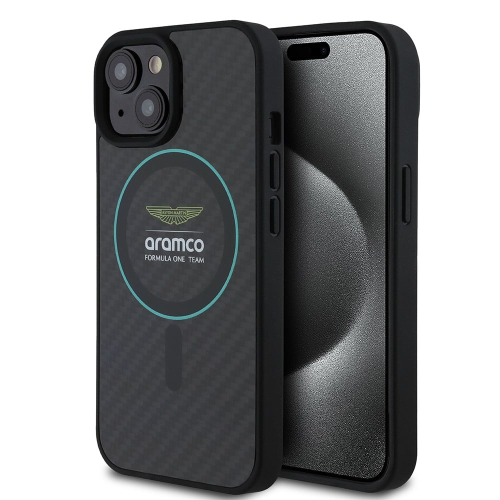 Apple iPhone 15 Kılıf Aston Martin Orjinal Lisanslı M-safe Şarj Özellikli Renkli Halka ve Karbon Fiber Tasarımlı Kapak