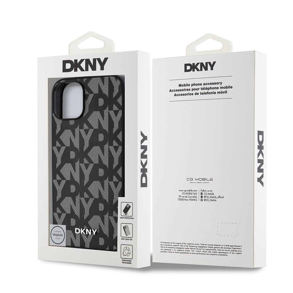 Apple iPhone 15 Kılıf DKNY Orjinal Lisanslı M-safe Şarj Özellikli 3D Yazılı Grid Pattern Kapak