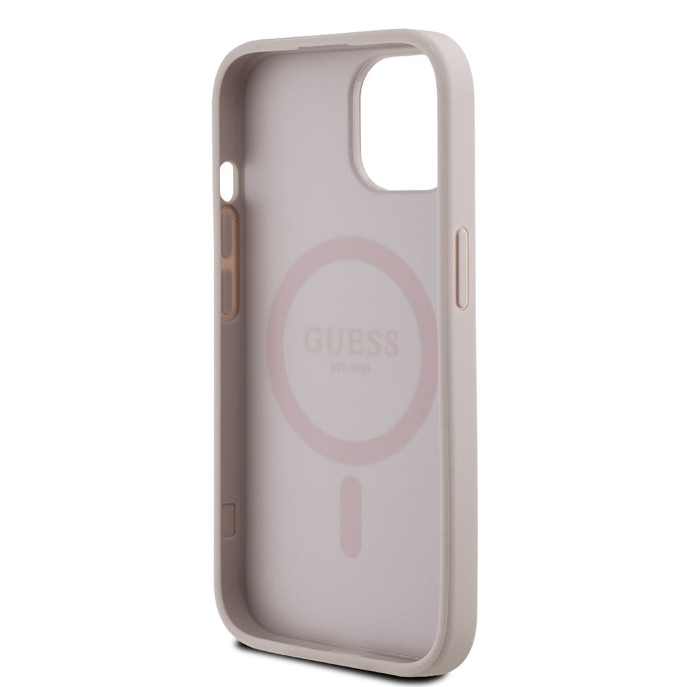 Apple iPhone 15 Kılıf Guess Orjinal Lisanslı M-safe Şarj Özellikli PU Halkalı 4G Desenli Yazı Logolu Kapak
