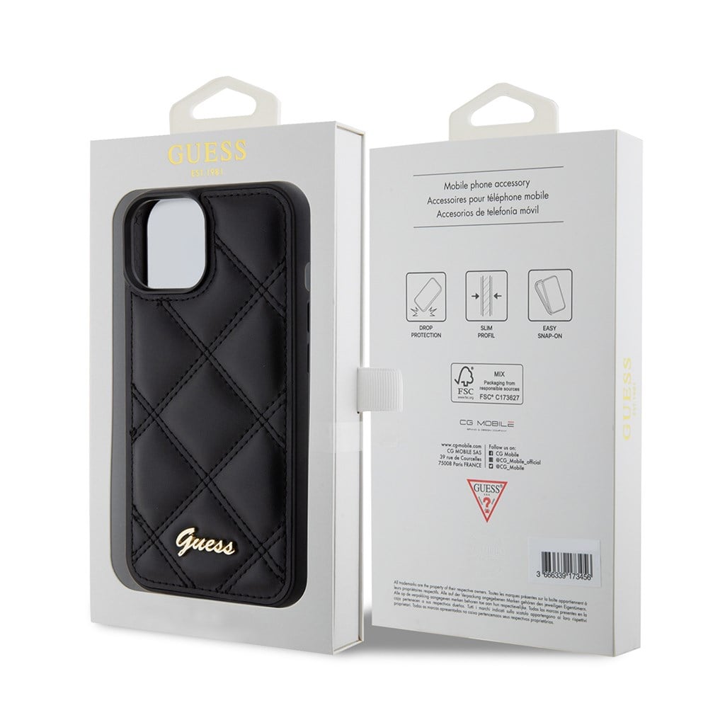 Apple iPhone 15 Kılıf Guess Orjinal Lisanslı PU Deri Metal Yazı Logolu Kapitone Kapak