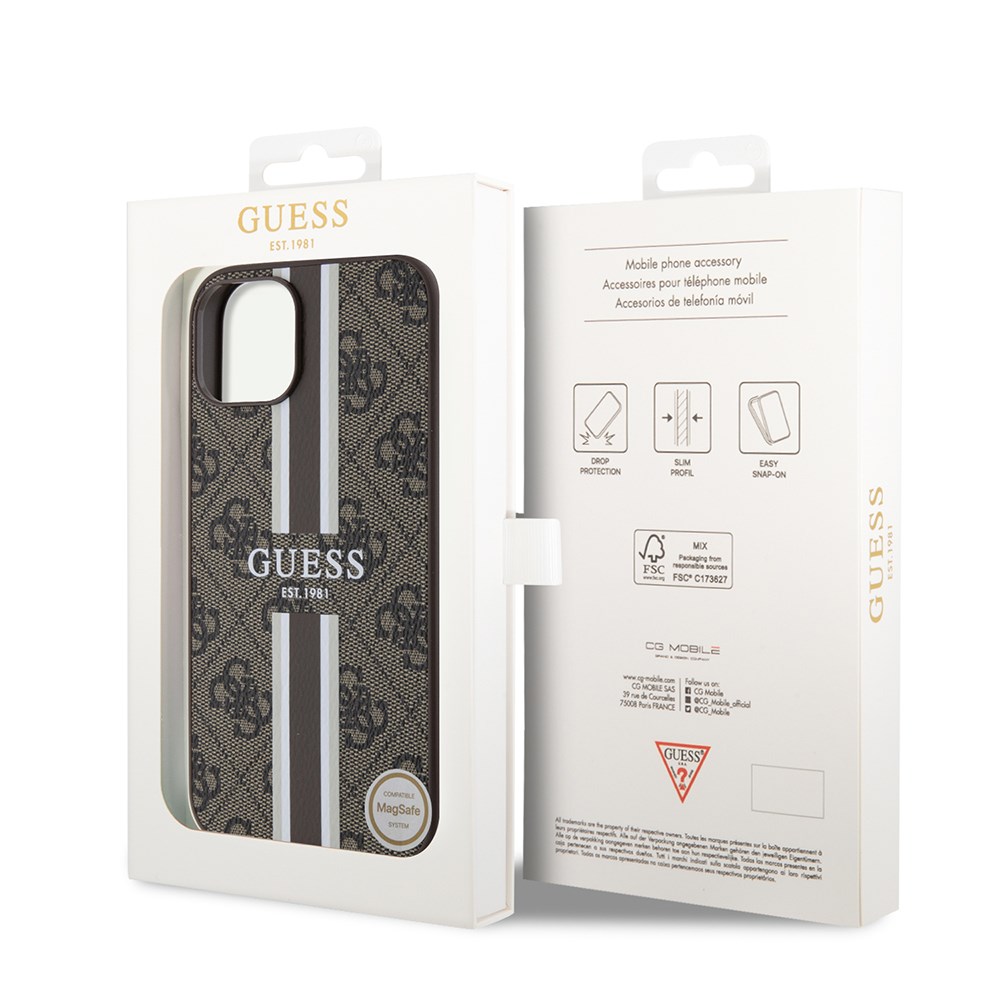 Apple iPhone 15 Kılıf Guess Orjinal Lisanslı M-safe Şarj Özellikli 4G Şerit Tasarımlı Printed Kapak