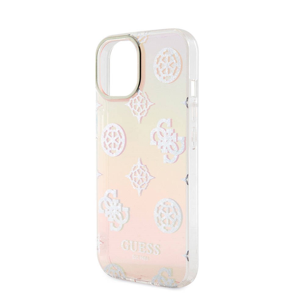 Apple iPhone 15 Kılıf Guess Orjinal Lisanslı Desenli Yazı Logolu Askı İpli Holografik Glitter Peony Kapak