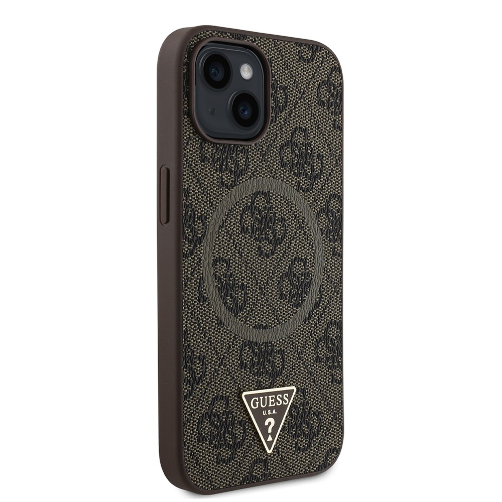 Apple iPhone 15 Kılıf Guess Orjinal Lisanslı M-safe Şarj Özellikli PU Üçgen Logo 4G Desenli Kapak