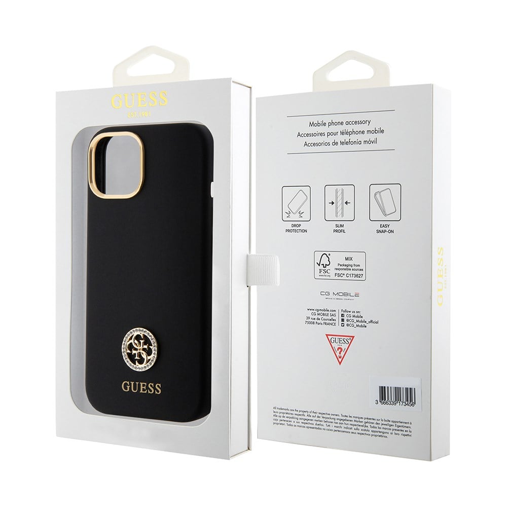 Apple iPhone 15 Kılıf Guess Orjinal Lisanslı Yazı ve Taşlı 4G Logolu Metal Kamera Çerçeveli Silikon Kapak