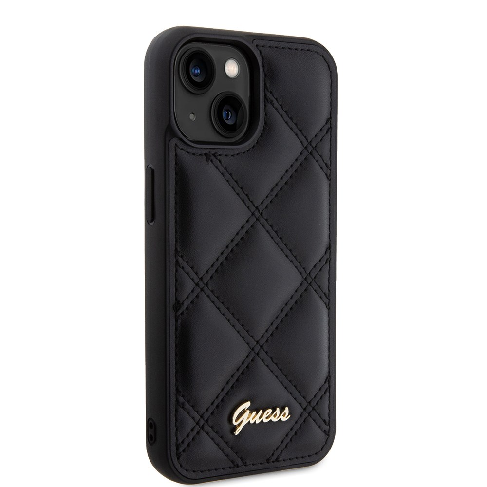 Apple iPhone 15 Kılıf Guess Orjinal Lisanslı PU Deri Metal Yazı Logolu Kapitone Kapak