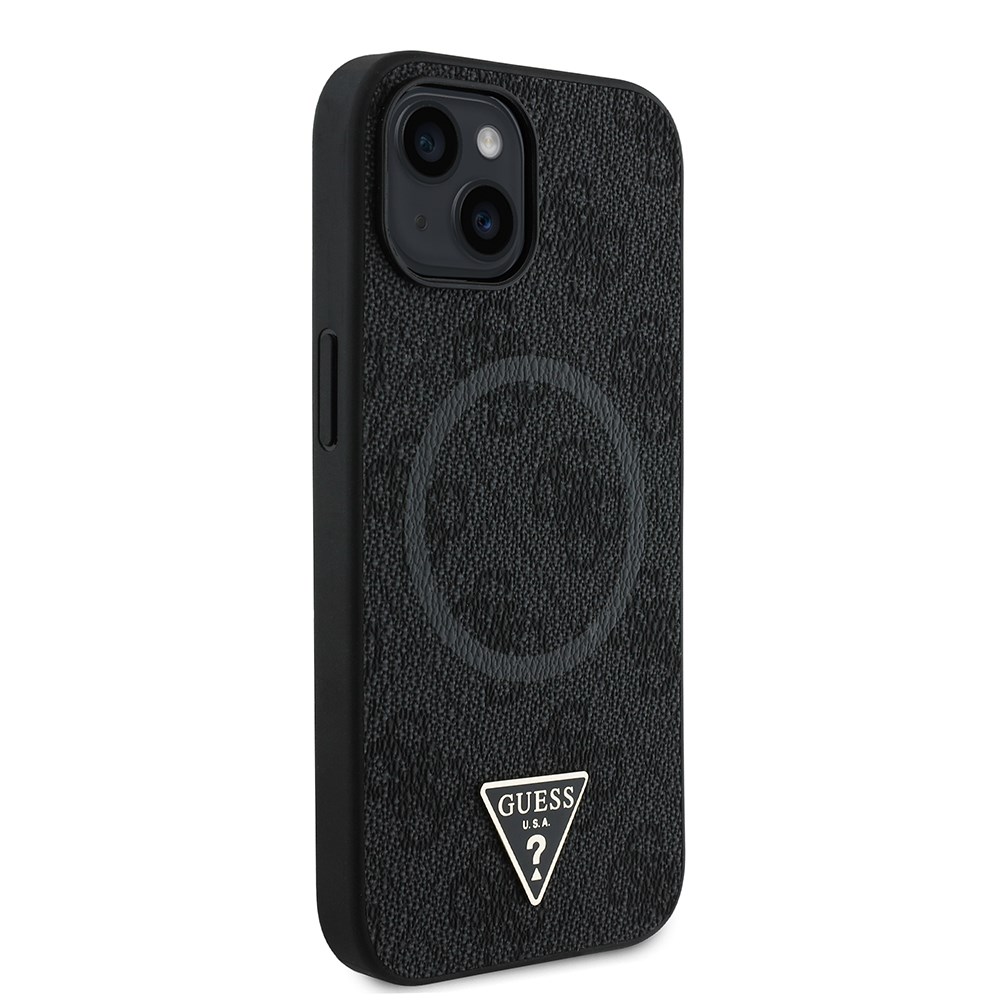 Apple iPhone 15 Kılıf Guess Orjinal Lisanslı M-safe Şarj Özellikli PU Üçgen Logo 4G Desenli Kapak