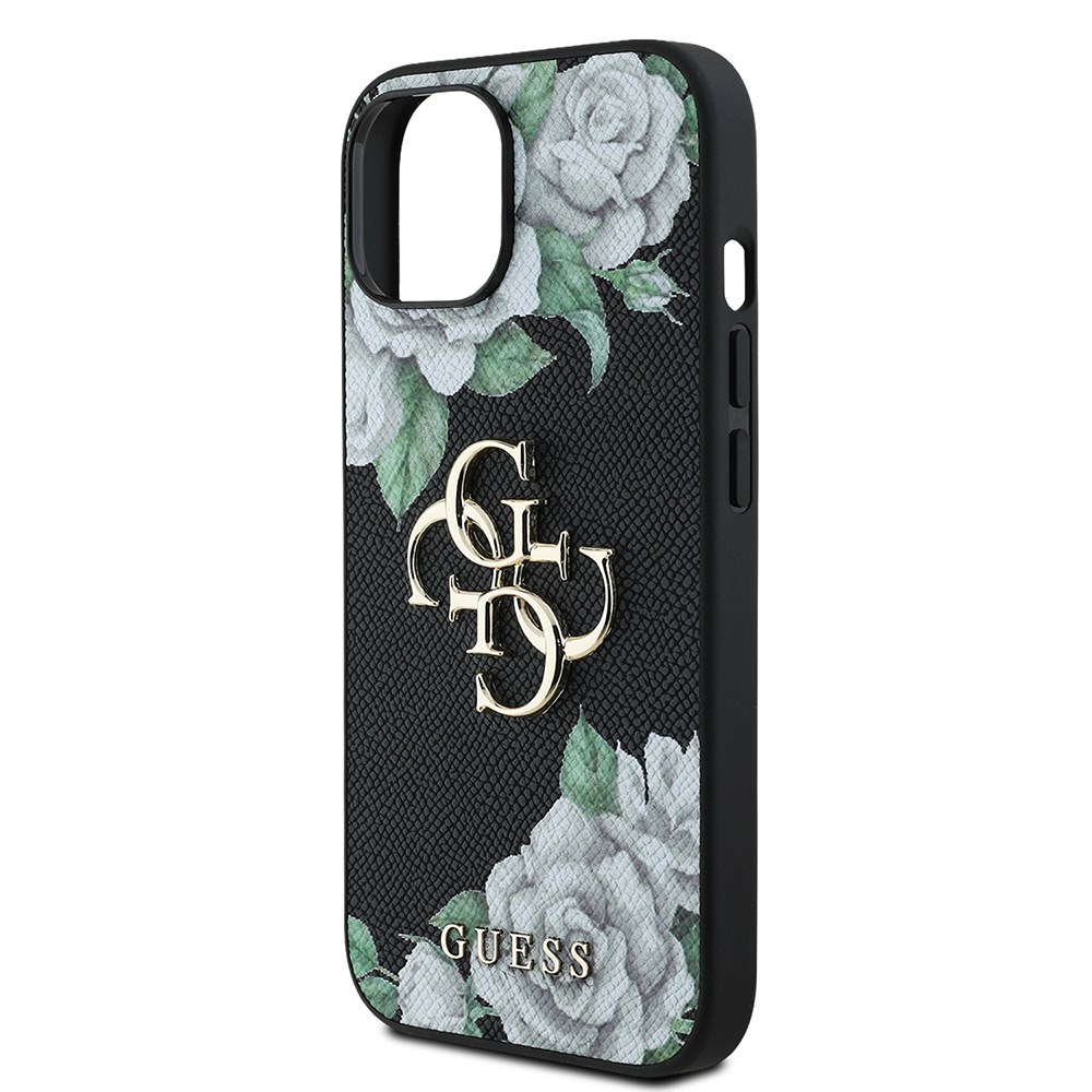 Apple iPhone 15 Kılıf Guess Orjinal Lisanslı Gül Baskılı Büyük Metal Logo Dizaynlı Kapak
