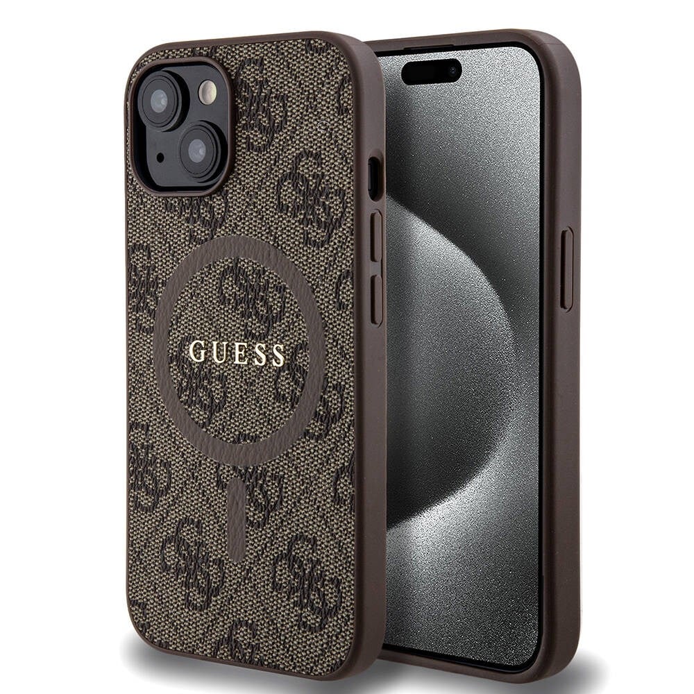 Apple iPhone 15 Kılıf Guess Orjinal Lisanslı M-safe Şarj Özellikli PU Halkalı 4G Desenli Yazı Logolu Kapak