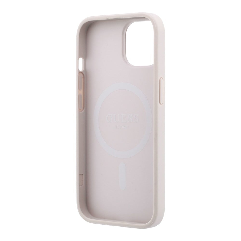 Apple iPhone 15 Kılıf Guess Orjinal Lisanslı M-safe Kabartmalı 4G Desenli Yazı Logolu Kapak