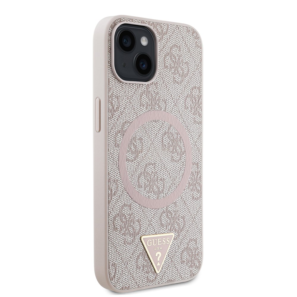 Apple iPhone 15 Kılıf Guess Orjinal Lisanslı M-safe Şarj Özellikli PU Üçgen Logo 4G Desenli Kapak