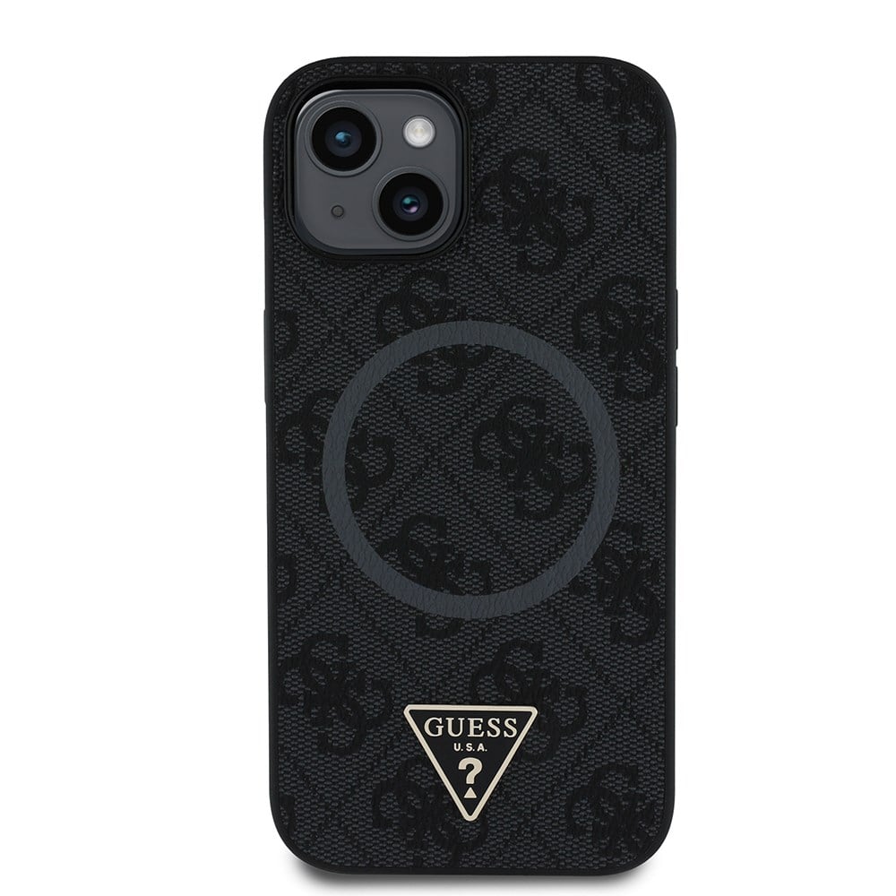 Apple iPhone 15 Kılıf Guess Orjinal Lisanslı M-safe Şarj Özellikli PU Üçgen Logo 4G Desenli Kapak