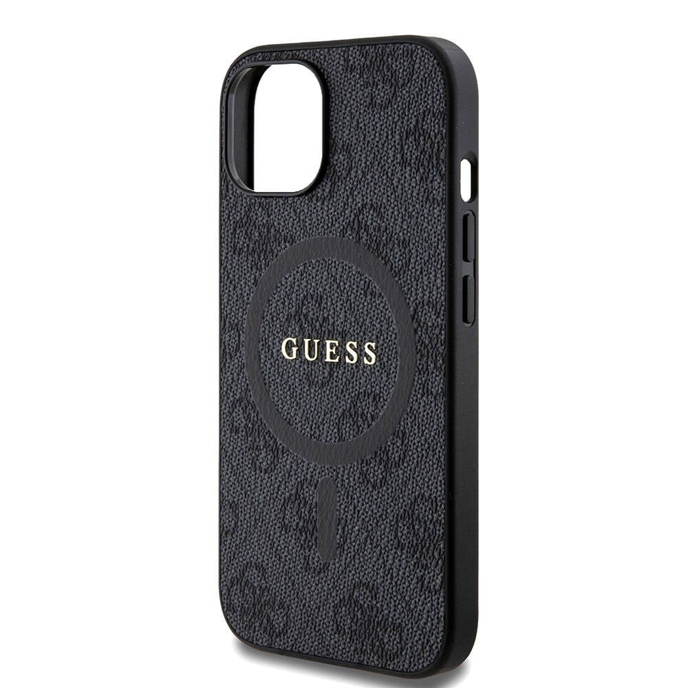 Apple iPhone 15 Kılıf Guess Orjinal Lisanslı M-safe Şarj Özellikli PU Halkalı 4G Desenli Yazı Logolu Kapak